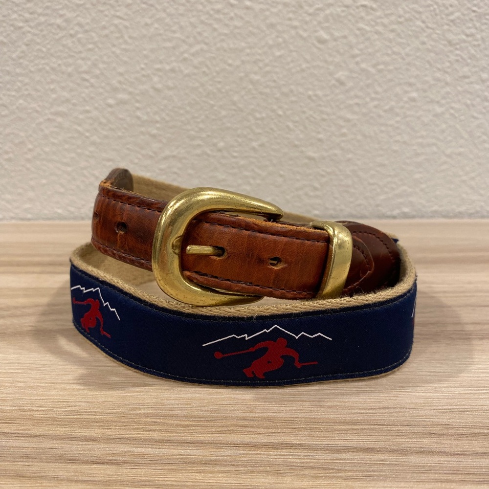 YRI Canvas Golf Belt Size 32/80 Blue Down Hill Mountain Skier Embroidery Brass